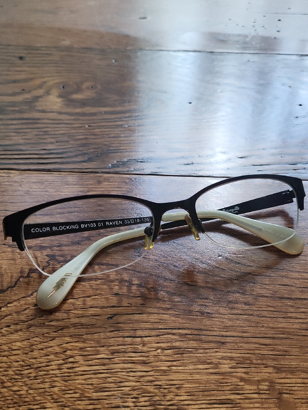 Color Blocking Raven Semi-Rimless Eyeglasses in Black and‎ Cream Frame.